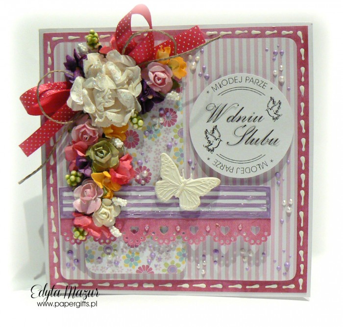 Różowo-fioletowa z motylem - kartka ślubna