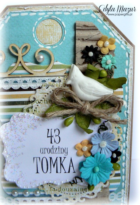 Kartka-tag niebiesko-brązowa z ptaszkiem na urodziny Tomka1