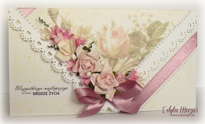 Kremowo-różana kartka ślubna - kopertówka