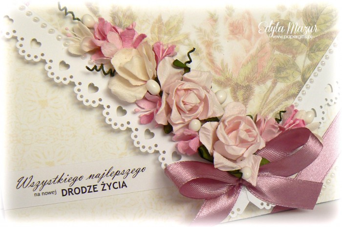 Kremowo-różana kartka ślubna - kopertówka