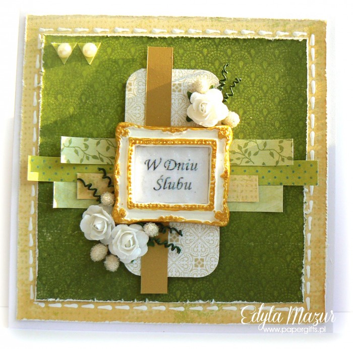 Zielona ze złotą ramką i różami - kartka na ślub
