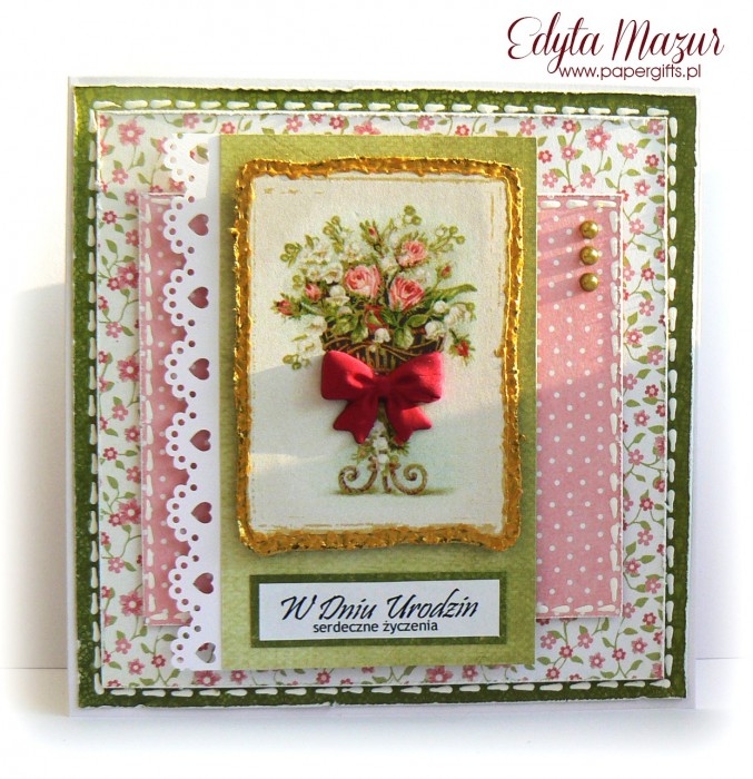 Zielono-różowa z bukietem róż - kartka na urodziny