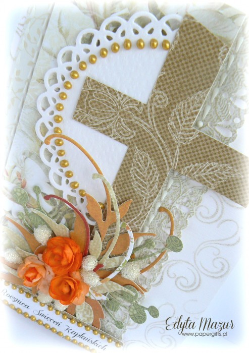 Biało-złota z pomarańczowymi różami - Kartka na Rocznicę Święceń Kapłańskich1