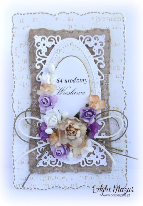 Brązowo-biała z kolorowymi kwiatami - kartka z okazji 64 urodzin