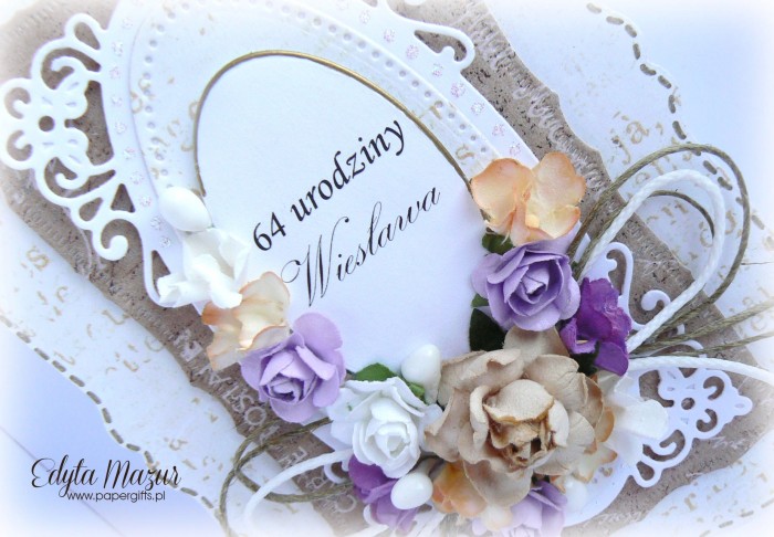 Brązowo-biała z kolorowymi kwiatami - kartka z okazji 64 urodzin1