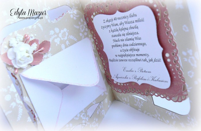 Beżowo-różowa z sercem - kartka na ślub2