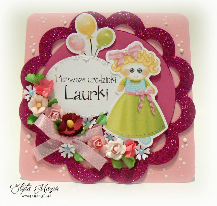 Różowa i błyszcząca kartka na roczek Laury