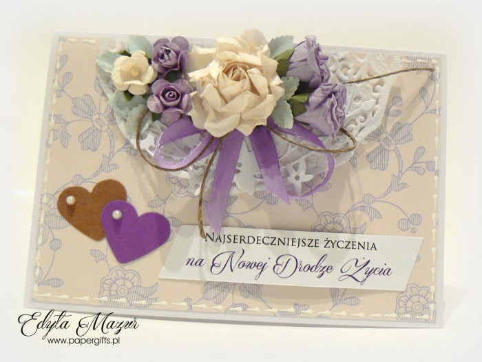 Beżowa w fioletowe motywy - kartka ślubna prostokątna