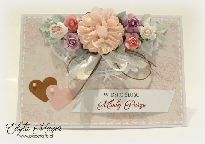 Beżowa w różowe motywy - kartka ślubna prostokątna