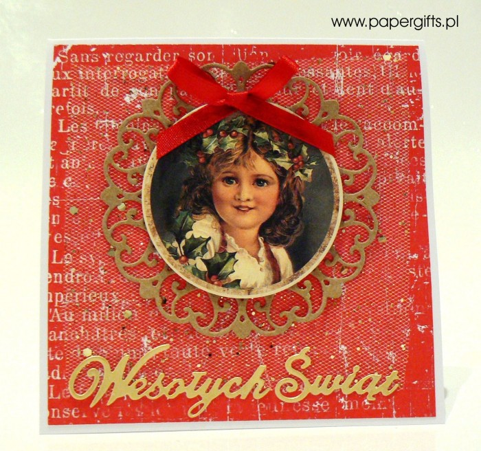 Dziewczynka z wiankiem - czerwono-złota kartka bożonarodzeniowa
