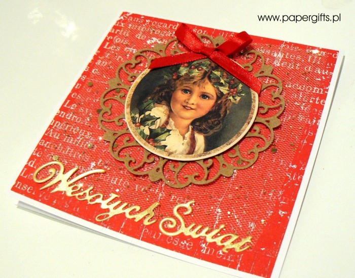 Dziewczynka z wiankiem - czerwono-złota kartka bożonarodzeniowa1