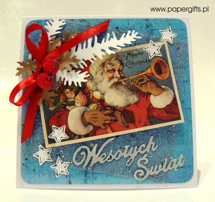 Mikołaj z prezentami - niebiesko-srebrna kartka bożonarodzeniowa