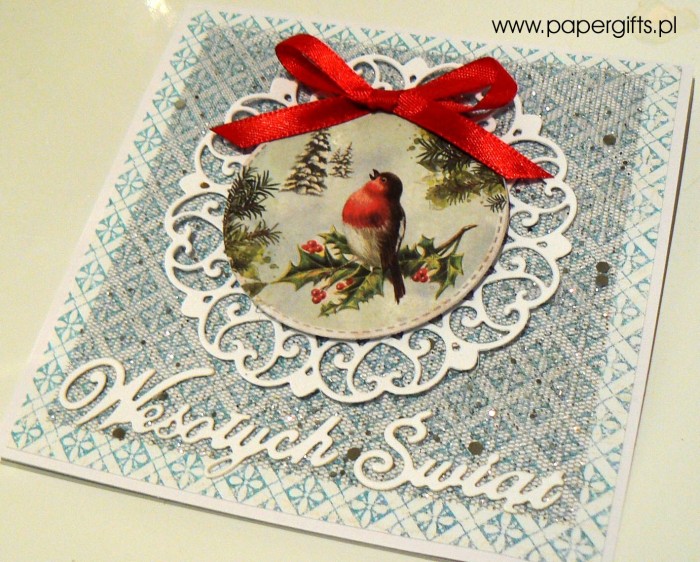 Ptaszek na gałęzi - błękitno-srebrna kartka bożonarodzeniowa1