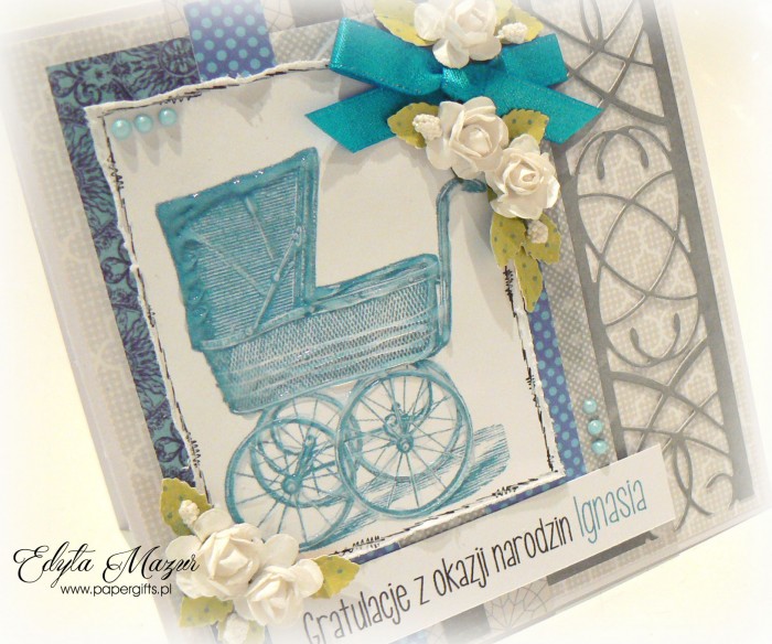 Szara z niebieskim wózkiem i różyczkami - Gratulacje z okazji narodzin Ignasia