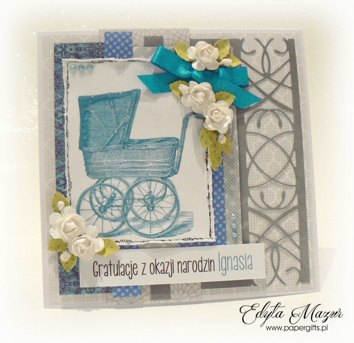 Szara z niebieskim wózkiem i różyczkami - Gratulacje z okazji narodzin Ignasia1