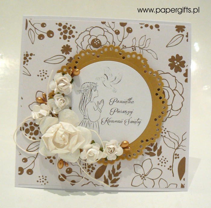 Biało-złota w kwiatki dla dziewczynki - Kartka na Komunię Świętą