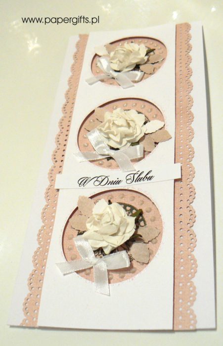 Beżowo-biała kółka z różami - kartka ślubna1